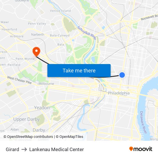 Girard to Lankenau Medical Center map