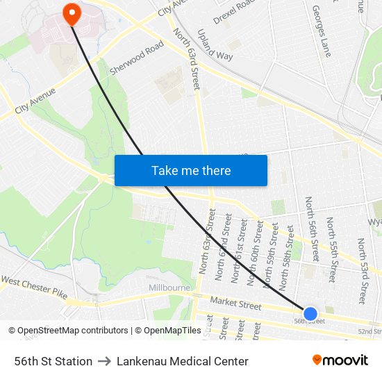 56th St Station to Lankenau Medical Center map