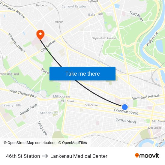 46th St Station to Lankenau Medical Center map