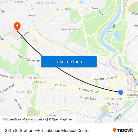 34th St Station to Lankenau Medical Center map
