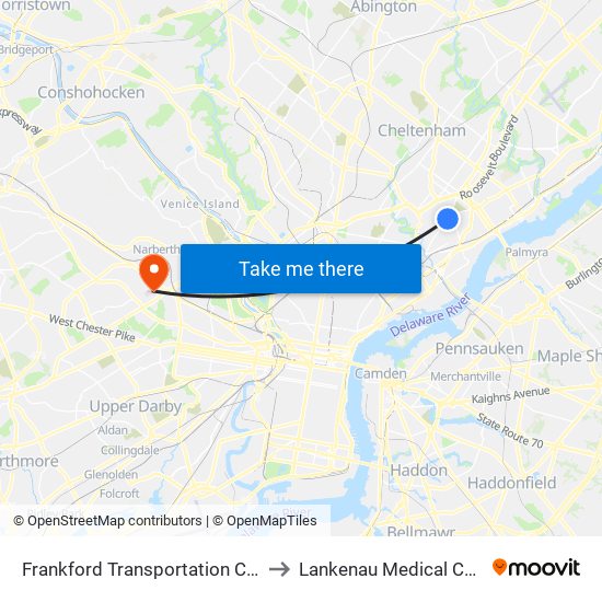 Frankford Transportation Center to Lankenau Medical Center map