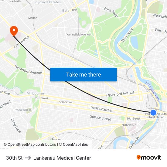 30th St to Lankenau Medical Center map