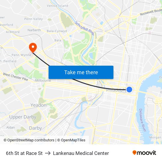 6th St at Race St to Lankenau Medical Center map