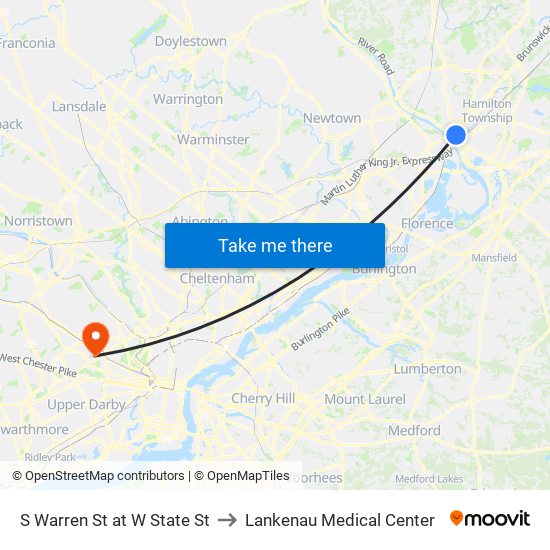 S Warren St at W State St to Lankenau Medical Center map