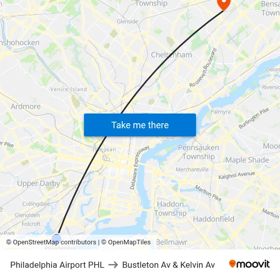 Philadelphia Airport PHL to Bustleton Av & Kelvin Av map