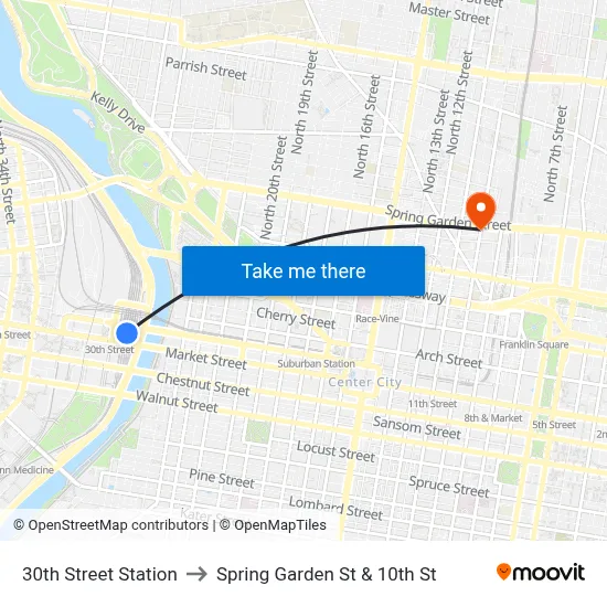 30th Street Station to Spring Garden St & 10th St map