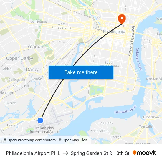 Philadelphia Airport PHL to Spring Garden St & 10th St map