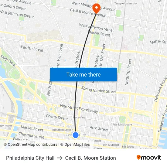 Philadelphia City Hall to Cecil B. Moore Station map