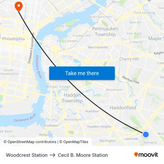 Woodcrest Station to Cecil B. Moore Station map