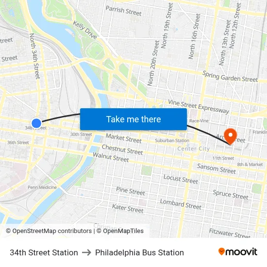 34th Street Station to Philadelphia Bus Station map
