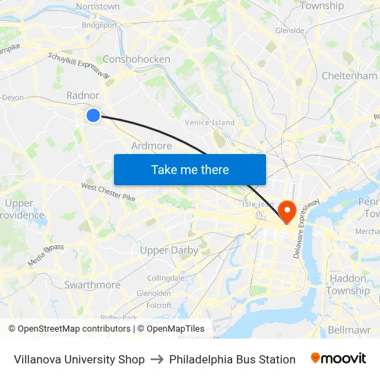 Villanova University Shop to Philadelphia Bus Station map