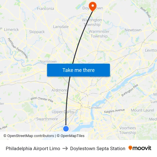 Philadelphia Airport Limo to Doylestown Septa Station map
