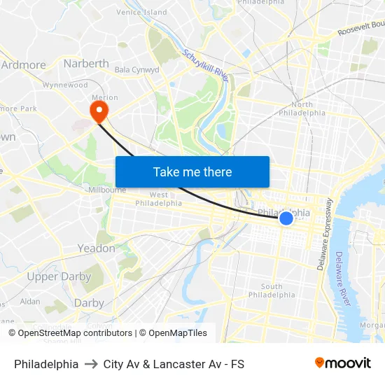 Philadelphia to City Av & Lancaster Av - FS map