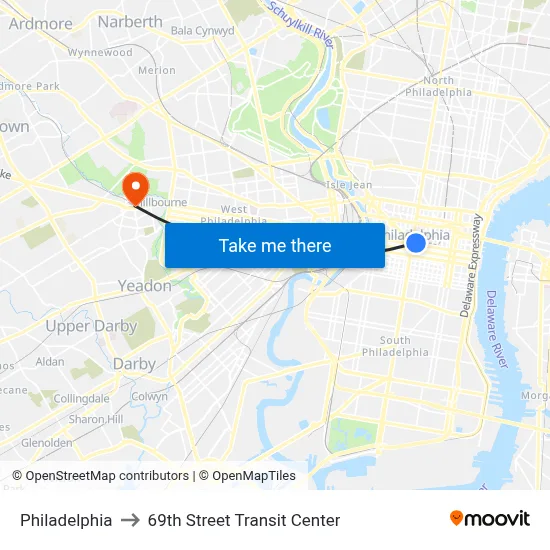 Philadelphia to 69th Street Transit Center map
