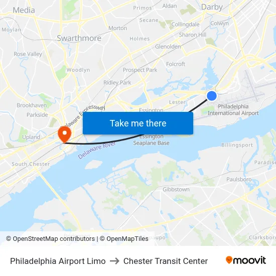 Philadelphia Airport Limo to Chester Transit Center map