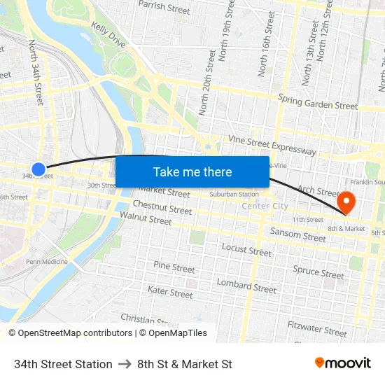 34th Street Station to 8th St & Market St map
