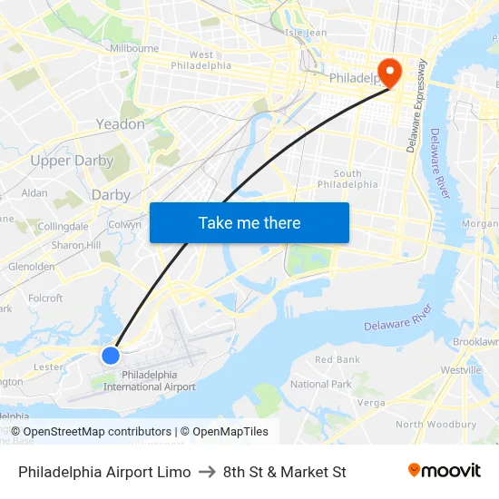 Philadelphia Airport Limo to 8th St & Market St map