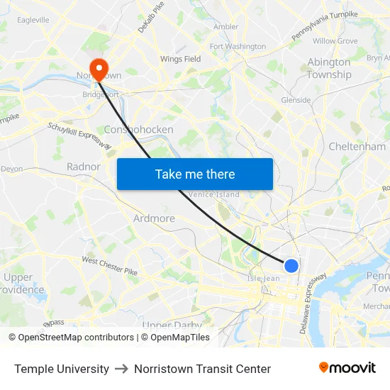 Temple University to Norristown Transit Center map