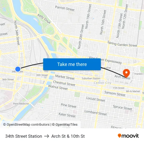 34th Street Station to Arch St & 10th St map