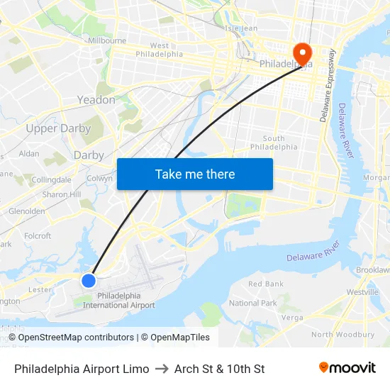 Philadelphia Airport Limo to Arch St & 10th St map