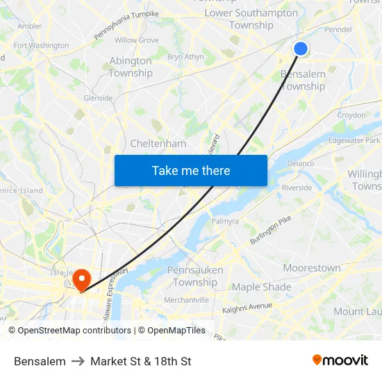 Bensalem to Market St & 18th St map