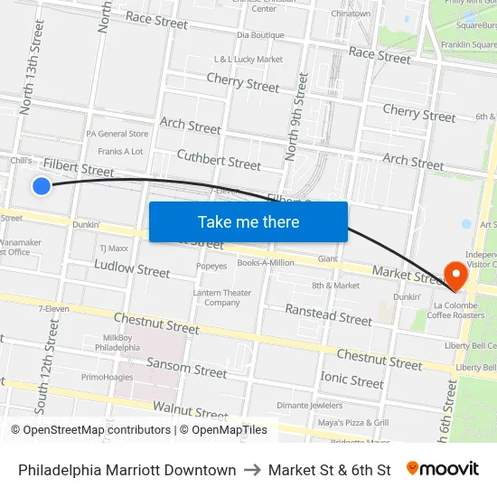 Philadelphia Marriott Downtown to Market St & 6th St map