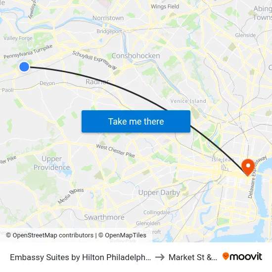 Embassy Suites by Hilton Philadelphia Valley Forge to Market St & 6th St map