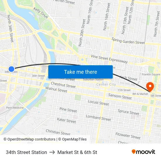 34th Street Station to Market St & 6th St map
