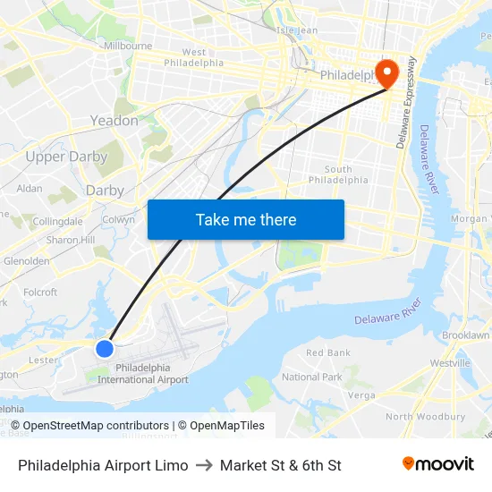 Philadelphia Airport Limo to Market St & 6th St map