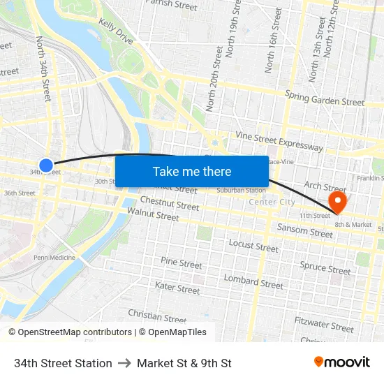 34th Street Station to Market St & 9th St map