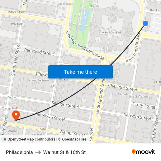 Philadelphia to Walnut St & 16th St map