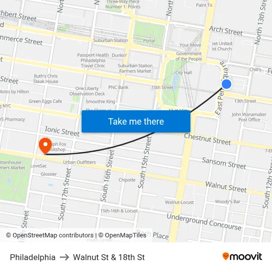 Philadelphia to Walnut St & 18th St map