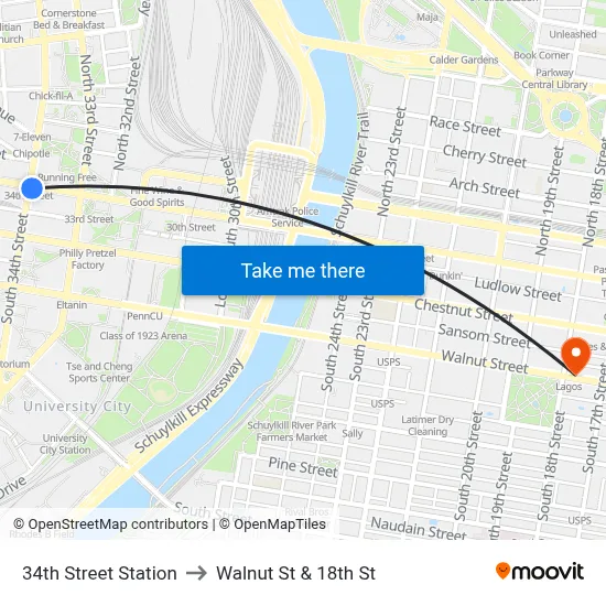 34th Street Station to Walnut St & 18th St map