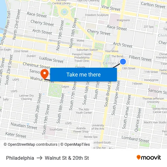 Philadelphia to Walnut St & 20th St map