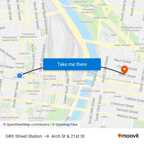 34th Street Station to Arch St & 21st St map