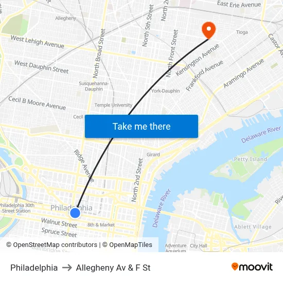 Philadelphia to Allegheny Av & F St map