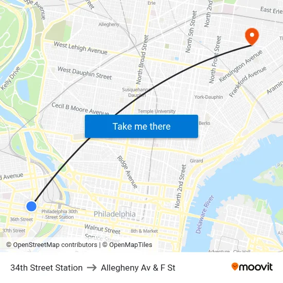 34th Street Station to Allegheny Av & F St map