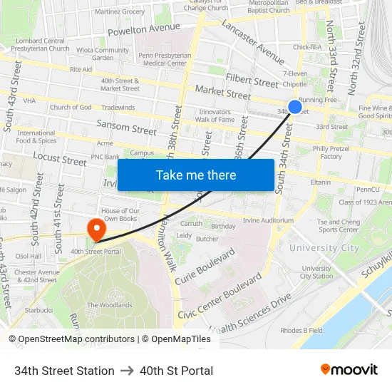 34th Street Station to 40th St Portal map