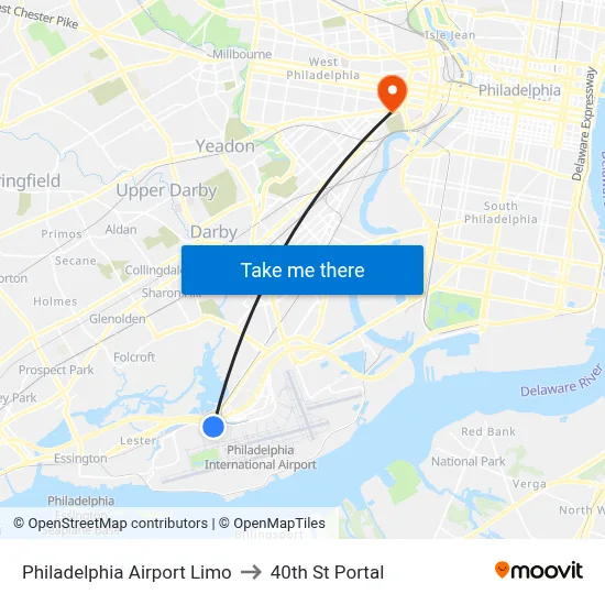 Philadelphia Airport Limo to 40th St Portal map