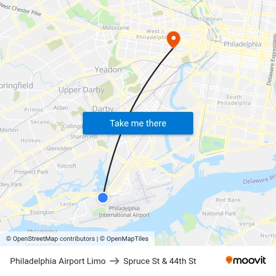 Philadelphia Airport Limo to Spruce St & 44th St map