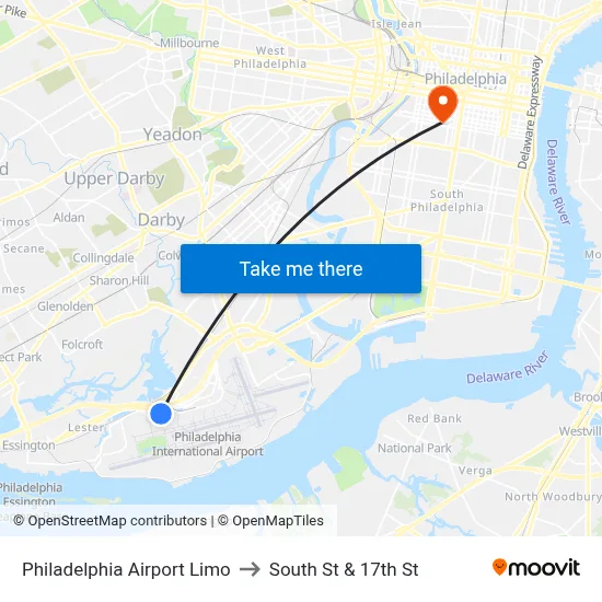 Philadelphia Airport Limo to South St & 17th St map