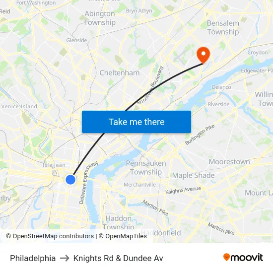 Philadelphia to Knights Rd & Dundee Av map