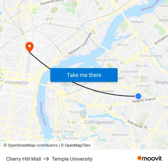 Cherry Hill Mall to Temple University map