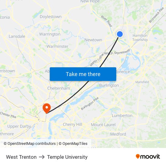 West Trenton to Temple University map