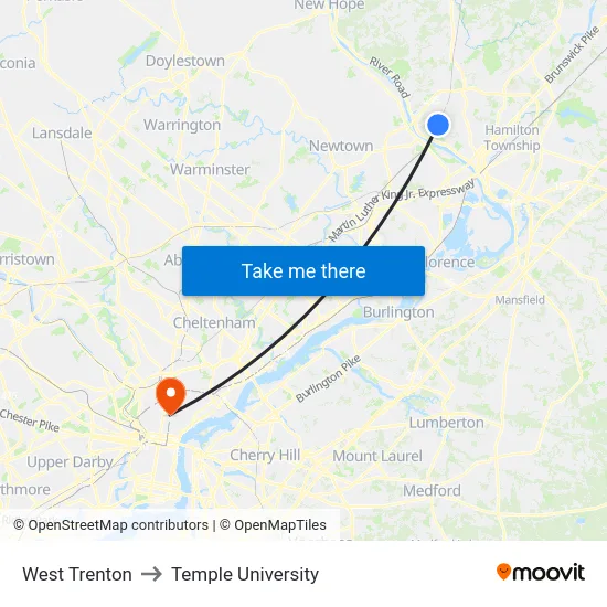 West Trenton to Temple University map