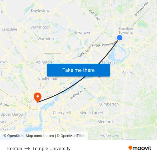 Trenton to Temple University map
