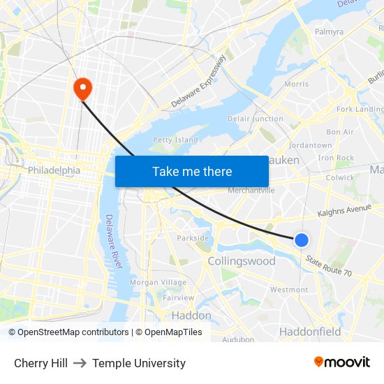 Cherry Hill to Temple University map