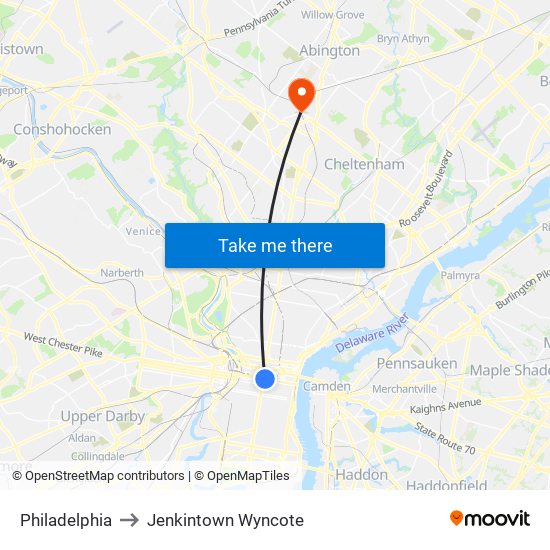 Philadelphia to Jenkintown Wyncote map