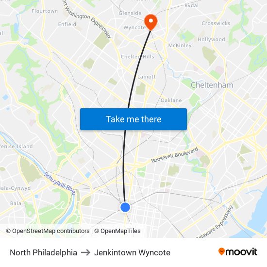North Philadelphia to Jenkintown Wyncote map
