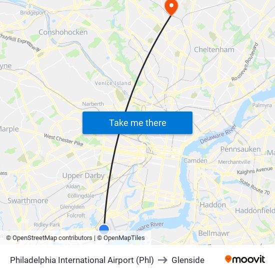 Philadelphia International Airport (Phl) to Glenside map